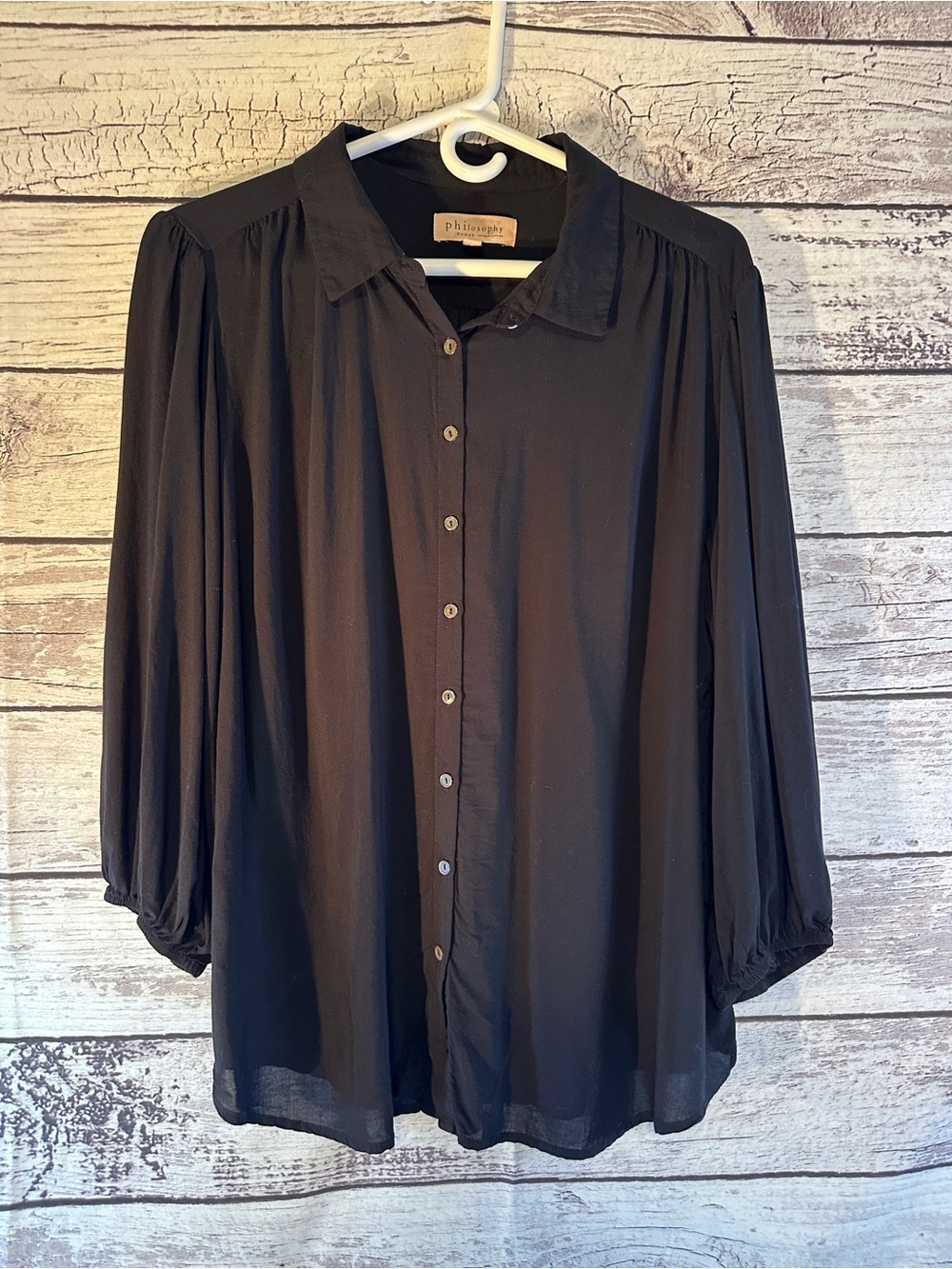 Philosophy Woman Black Button Front Blouse 1X Flowy 3/4 Sleeve Career Plus Size